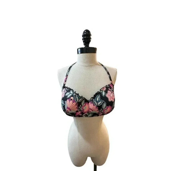 Shade & Shore Womens Floral Print Scalloped‎ Trim Halter Bikini Top Black 34 D - Picture 1 of 4